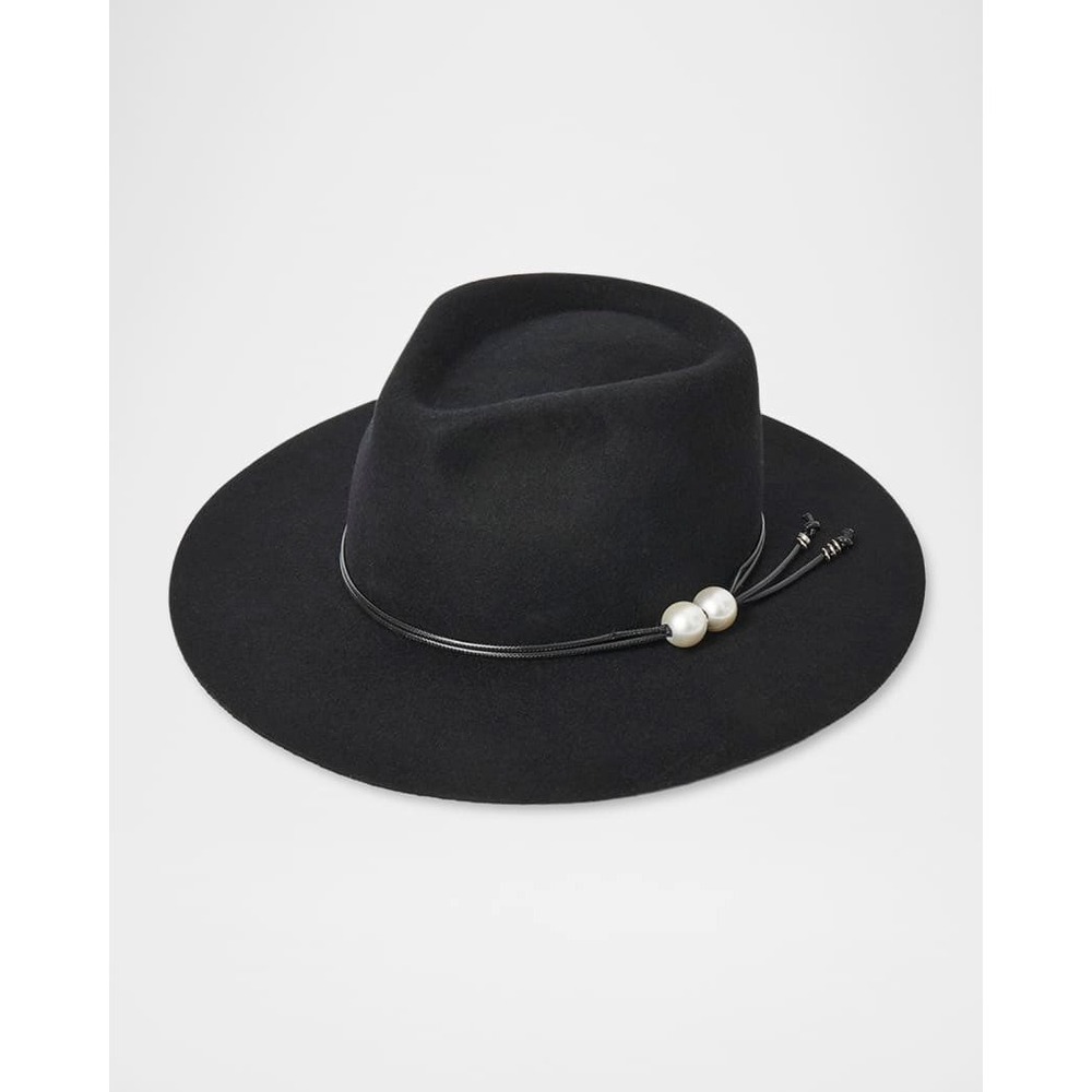 LeLe Sadoughi Wool Rancher Hat Jet Black Pearl Accent Fedora NEW